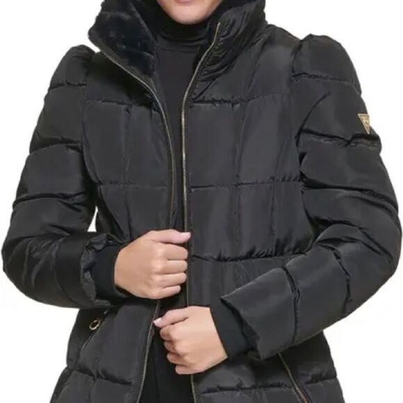 Guess medium black faux fur trim jacket puffer coat winter - Picture 1 of 4